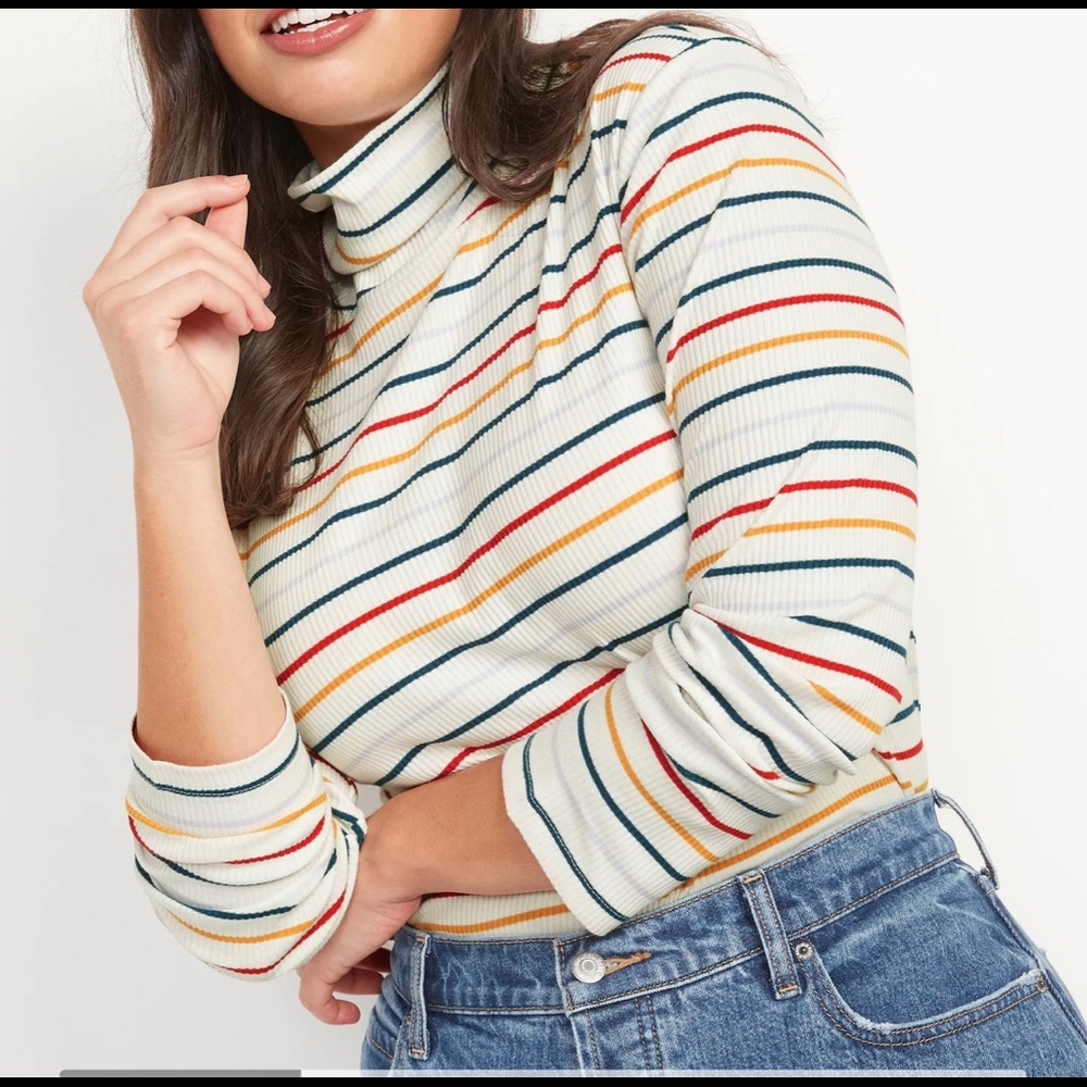 Striped Rib-Knit Long-Sleeve Turtleneck Top for Women